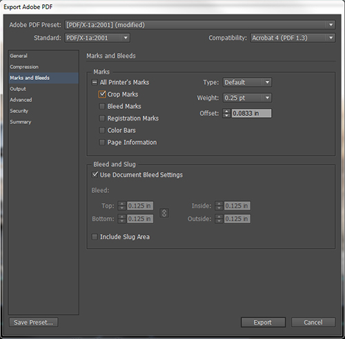 Exporting a file to a PDF print driver using Adobe InDesign