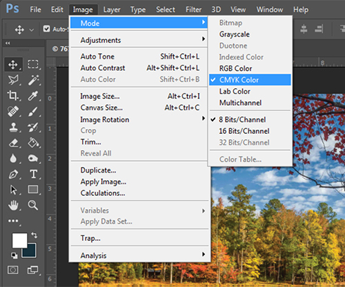 To change the color mode in Adobe Photoshop, go to: Image > Mode > CMYK