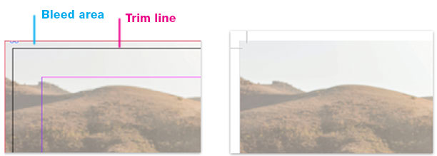 Adding a 1/8” bleed to your final size (trim size) will create the bleed effect after the piece is printed and trimmed. The image on the left is what a successful use of crop marks looks like when activated in your document setting options.